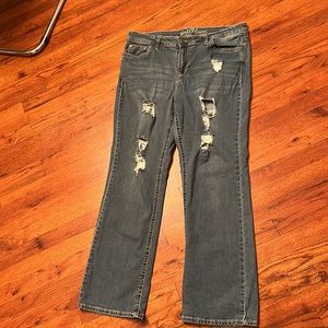 Destroyed jeans embellished NWOT Wallflower, white thread, distressed, holes